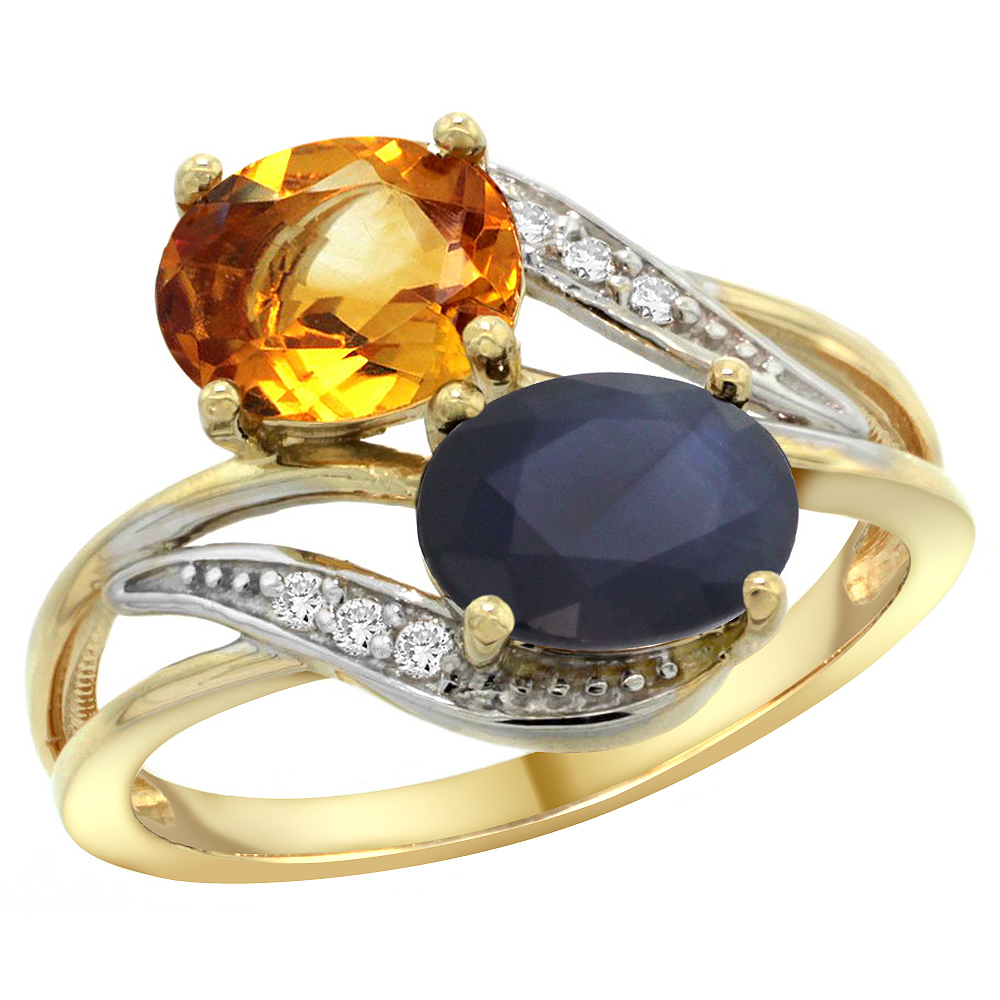 14K YELLOW GOLD DIAMOND NATURAL CITRINE & BLUE SAPPHIRE 2-STONE RING OVAL 8X6MM, SIZES 5 - 10