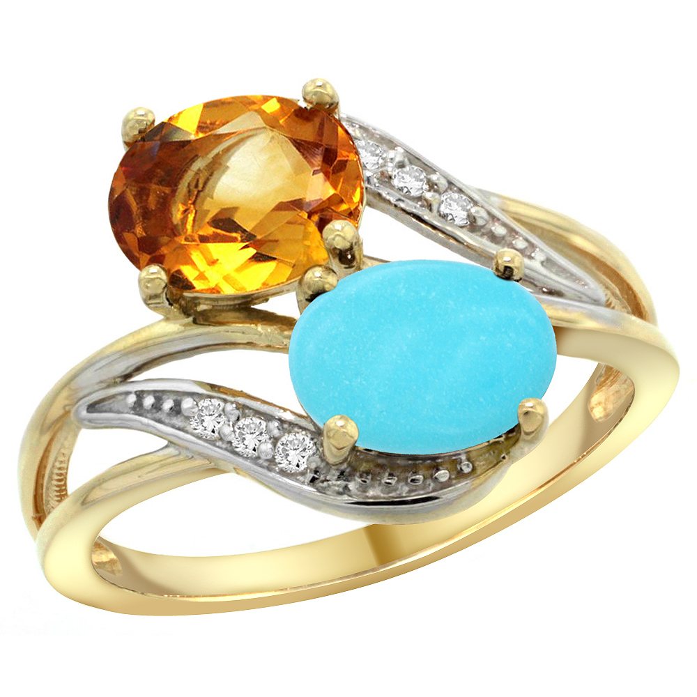 10K Yellow Gold Diamond Natural Citrine & Turquoise 2-stone Ring Oval 8x6mm, sizes 5 - 10