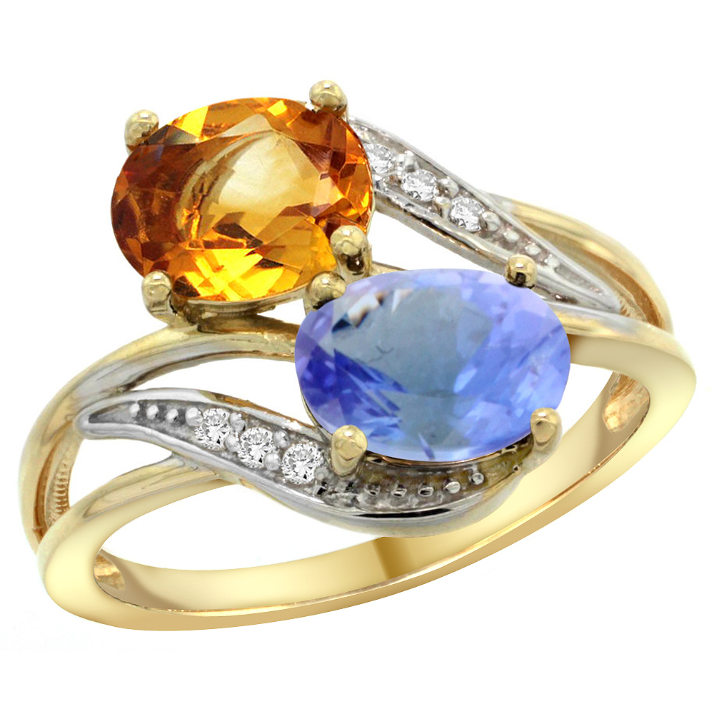 10K Yellow Gold Diamond Natural Citrine &amp; Tanzanite 2-stone Ring Oval 8x6mm, sizes 5 - 10