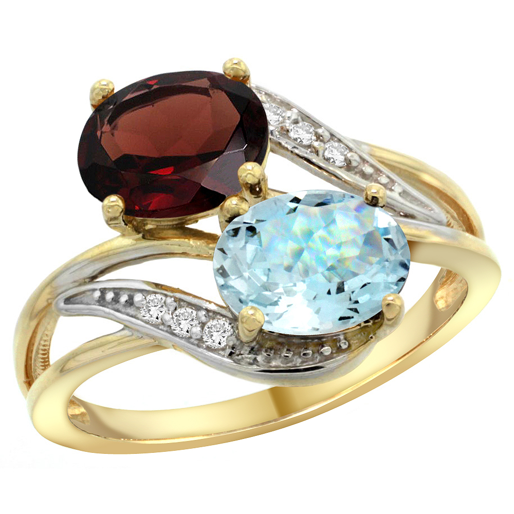 14K YELLOW GOLD DIAMOND NATURAL GARNET & AQUAMARINE 2-STONE RING OVAL 8X6MM, SIZES 5 - 10
