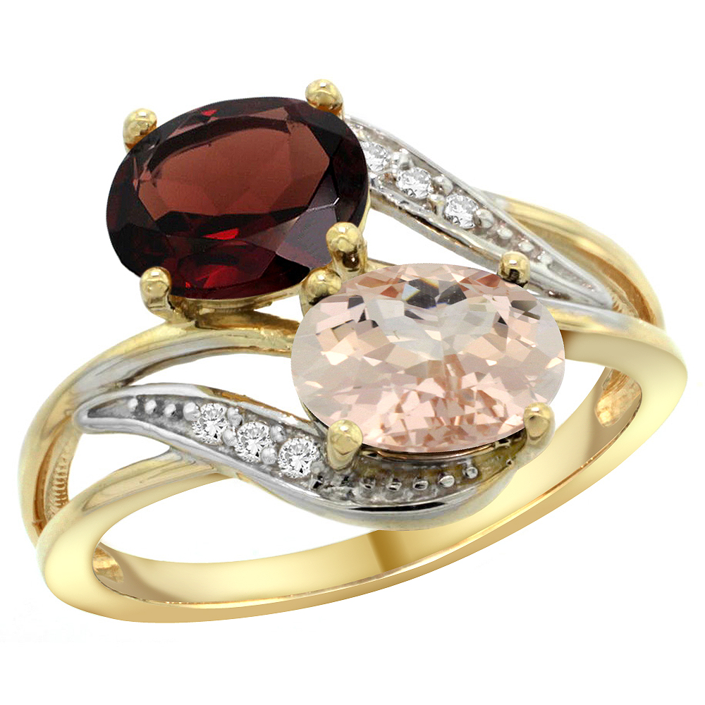 10K Yellow Gold Diamond Natural Garnet & Morganite 2-stone Ring Oval 8x6mm, sizes 5 - 10