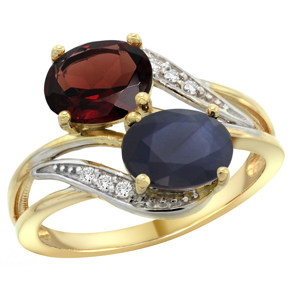 14K YELLOW GOLD DIAMOND NATURAL GARNET & BLUE SAPPHIRE 2-STONE RING OVAL 8X6MM, SIZES 5 - 10