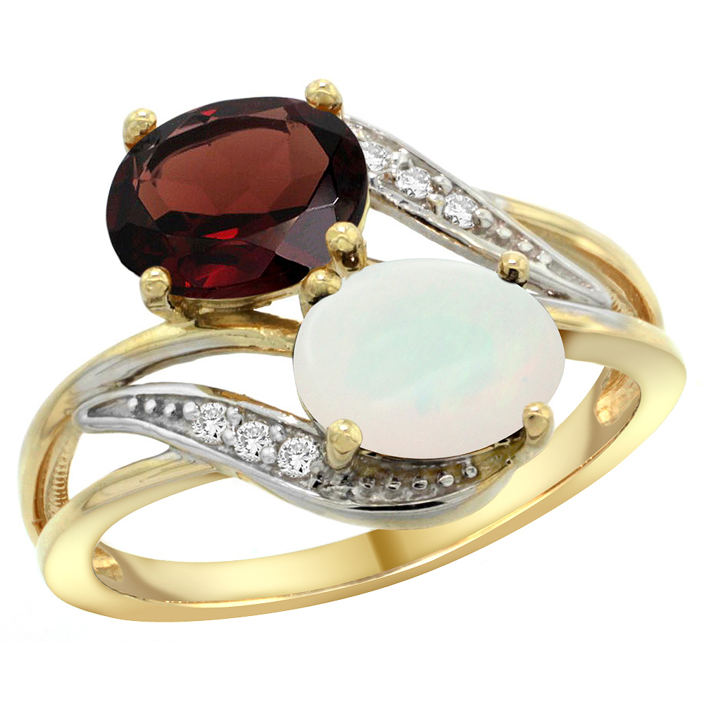 14K YELLOW GOLD DIAMOND NATURAL GARNET & OPAL 2-STONE RING OVAL 8X6MM, SIZES 5 - 10