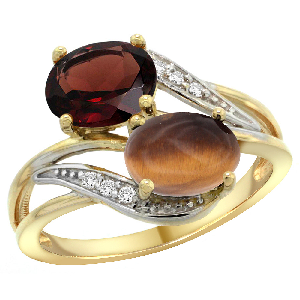 14K YELLOW GOLD DIAMOND NATURAL GARNET & TIGER EYE 2-STONE RING OVAL 8X6MM, SIZES 5 - 10