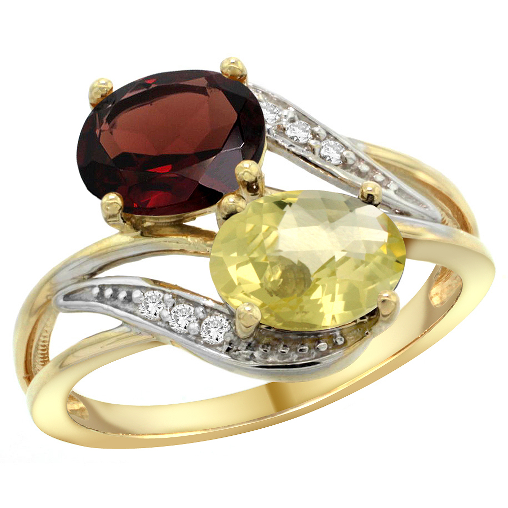 10K Yellow Gold Diamond Natural Garnet &amp; Lemon Quartz 2-stone Ring Oval 8x6mm, sizes 5 - 10