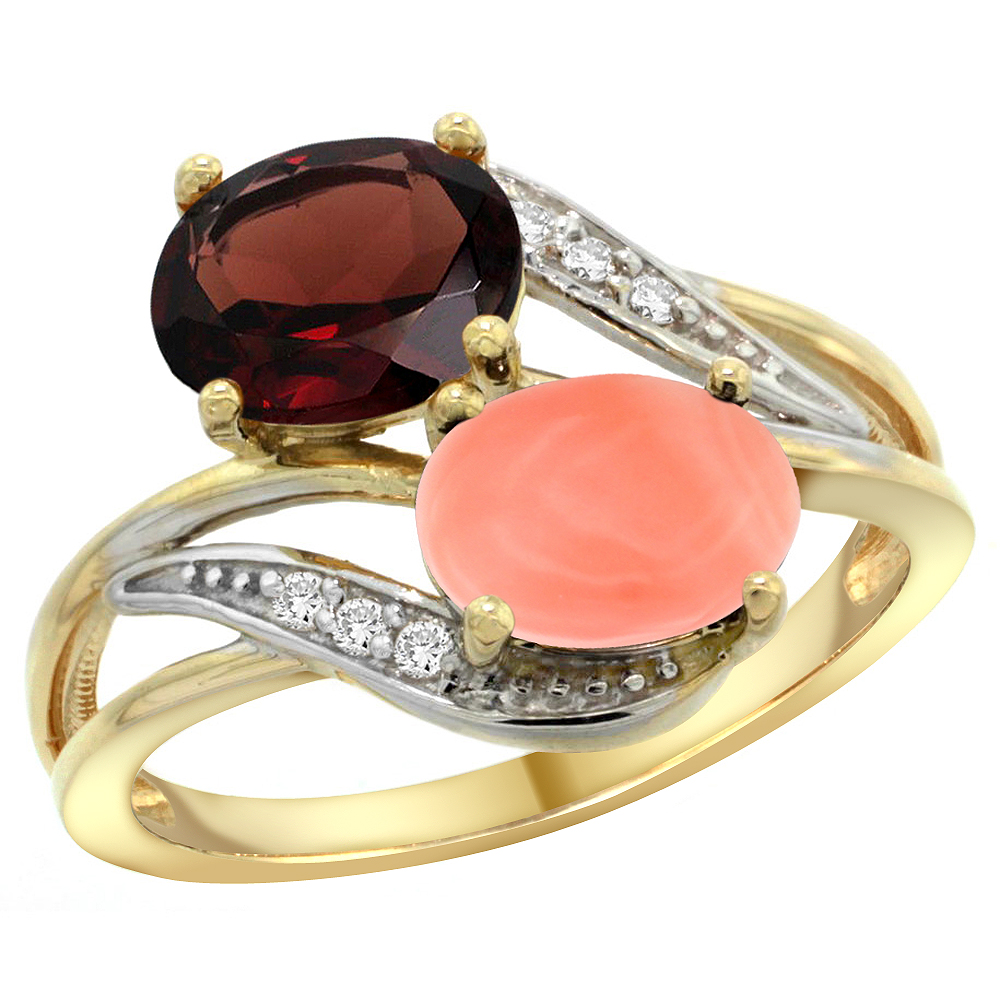 10K Yellow Gold Diamond Natural Garnet & Coral 2-stone Ring Oval 8x6mm, sizes 5 - 10