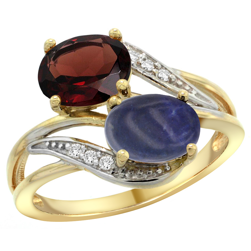 10K Yellow Gold Diamond Natural Garnet & Lapis 2-stone Ring Oval 8x6mm, sizes 5 - 10