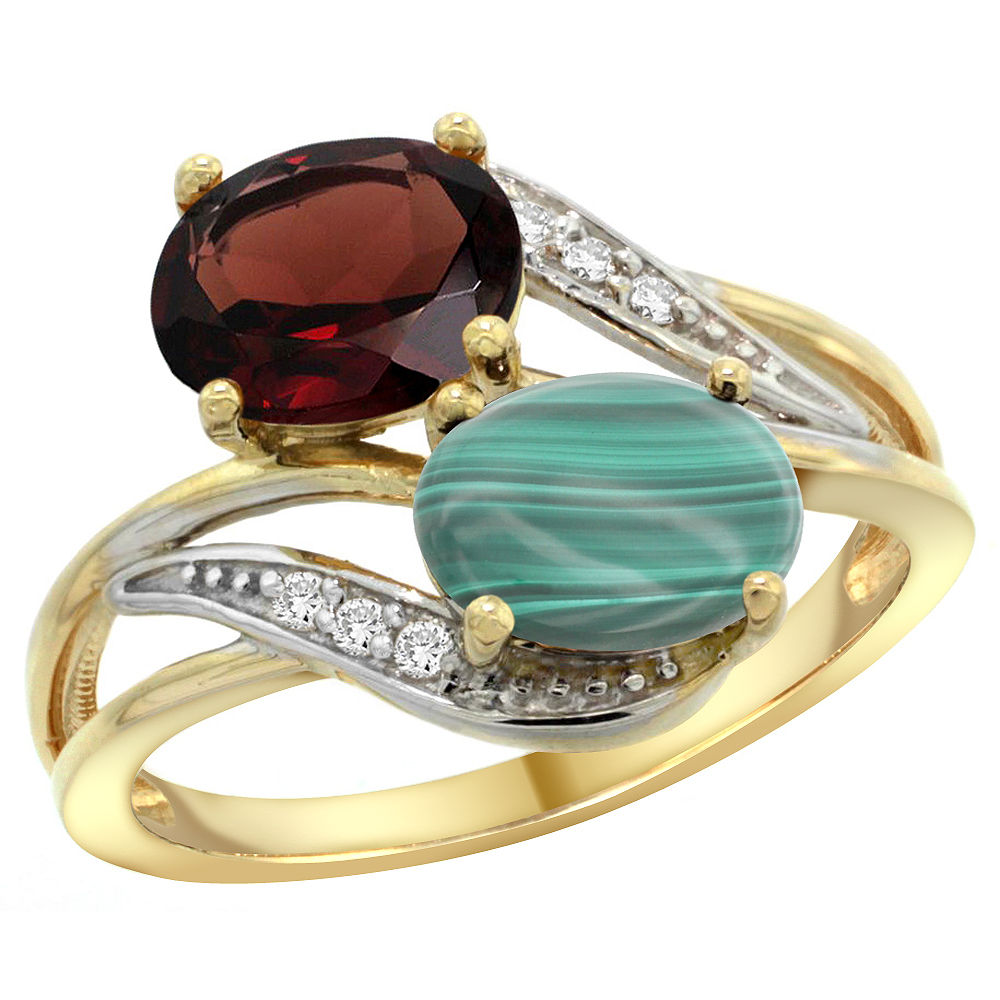 14K YELLOW GOLD DIAMOND NATURAL GARNET & MALACHITE 2-STONE RING OVAL 8X6MM, SIZES 5 - 10