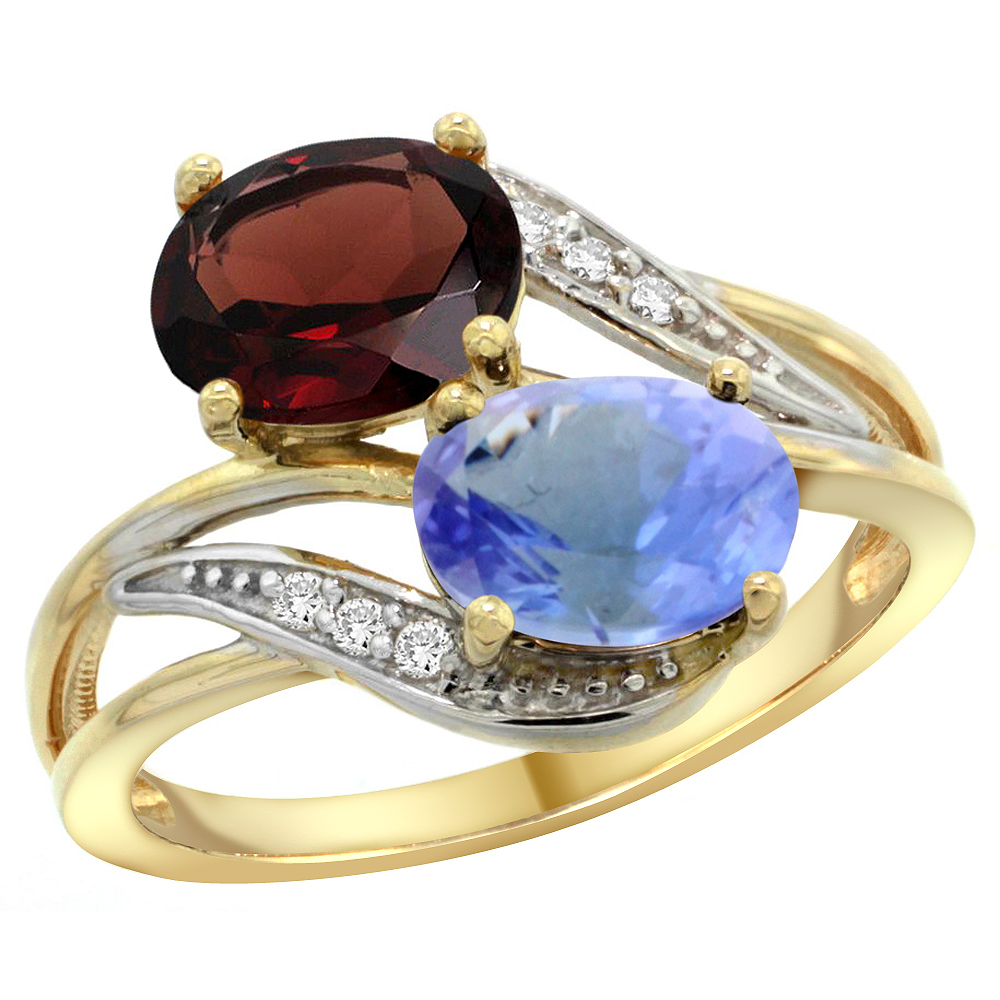 10K Yellow Gold Diamond Natural Garnet & Tanzanite 2-stone Ring Oval 8x6mm, sizes 5 - 10