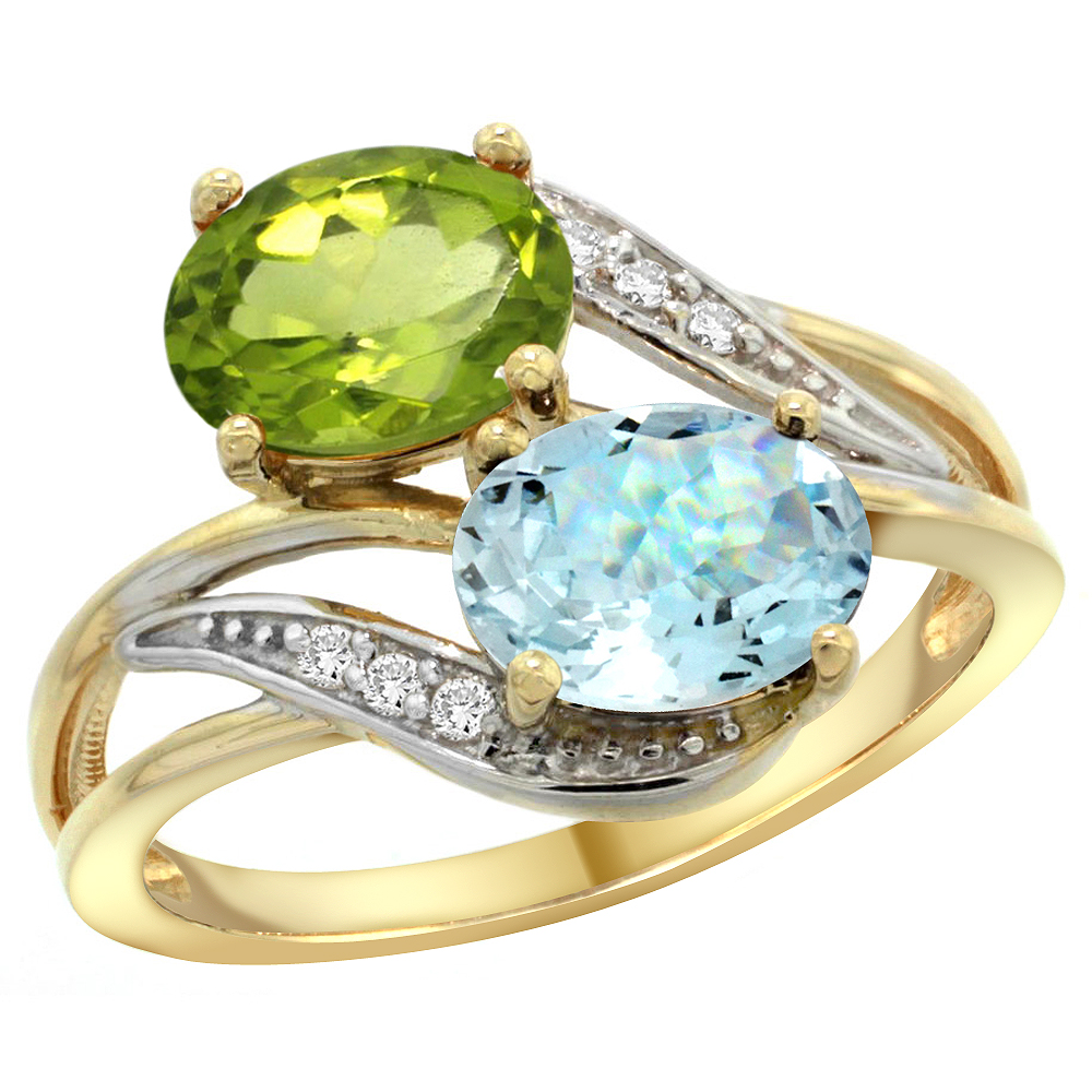 14K YELLOW GOLD DIAMOND NATURAL PERIDOT & AQUAMARINE 2-STONE RING OVAL 8X6MM, SIZES 5 - 10