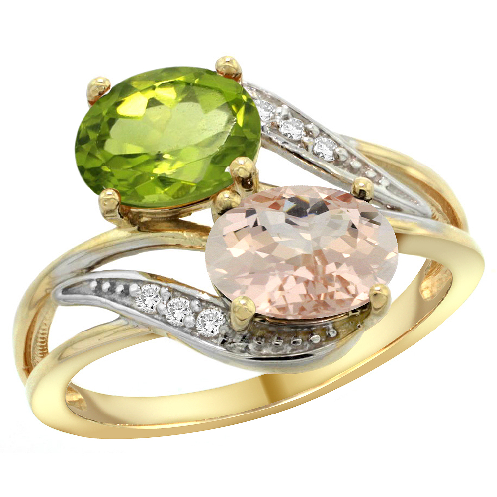 14K YELLOW GOLD DIAMOND NATURAL PERIDOT & MORGANITE 2-STONE RING OVAL 8X6MM, SIZES 5 - 10