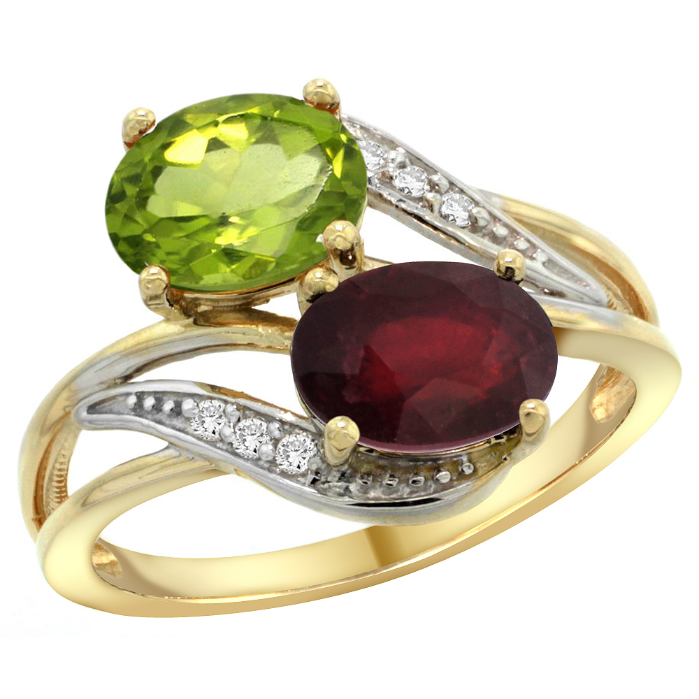 14K YELLOW GOLD DIAMOND NATURAL PERIDOT & ENHANCED RUBY 2-STONE RING OVAL 8X6MM, SIZES 5 - 10