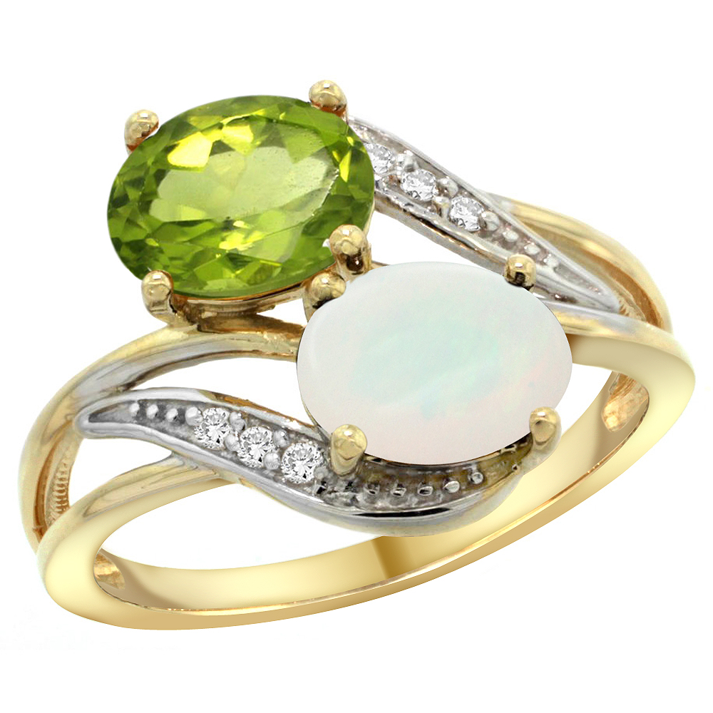 14K YELLOW GOLD DIAMOND NATURAL PERIDOT & OPAL 2-STONE RING OVAL 8X6MM, SIZES 5 - 10