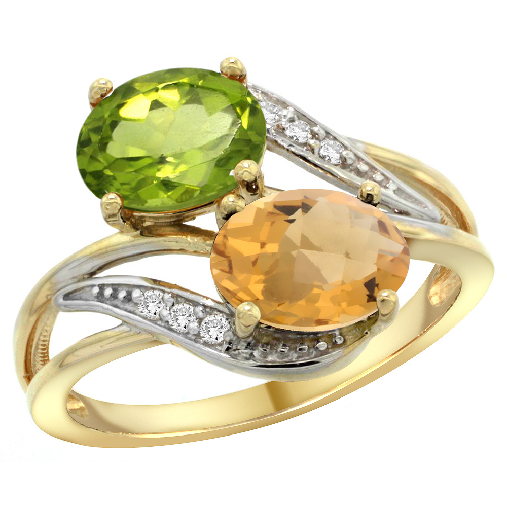 14K YELLOW GOLD DIAMOND NATURAL PERIDOT & WHISKY QUARTZ 2-STONE RING OVAL 8X6MM, SIZES 5 - 10