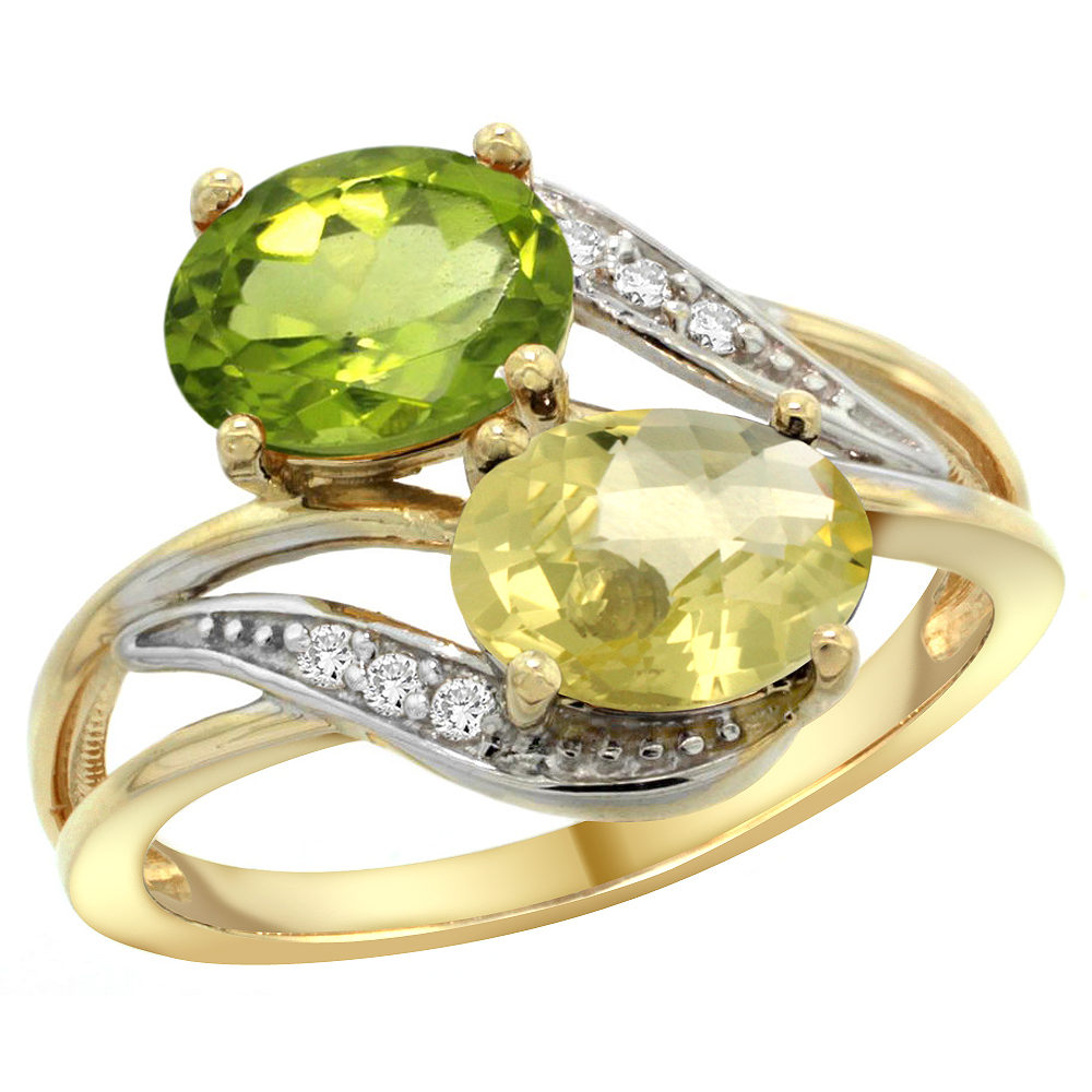 14K YELLOW GOLD DIAMOND NATURAL PERIDOT & LEMON QUARTZ 2-STONE RING OVAL 8X6MM, SIZES 5 - 10