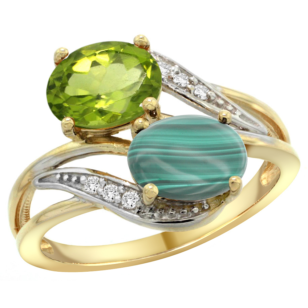 14K YELLOW GOLD DIAMOND NATURAL PERIDOT & MALACHITE 2-STONE RING OVAL 8X6MM, SIZES 5 - 10