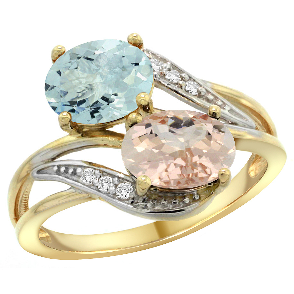 14K YELLOW GOLD DIAMOND NATURAL AQUAMARINE & MORGANITE 2-STONE RING OVAL 8X6MM, SIZES 5 - 10