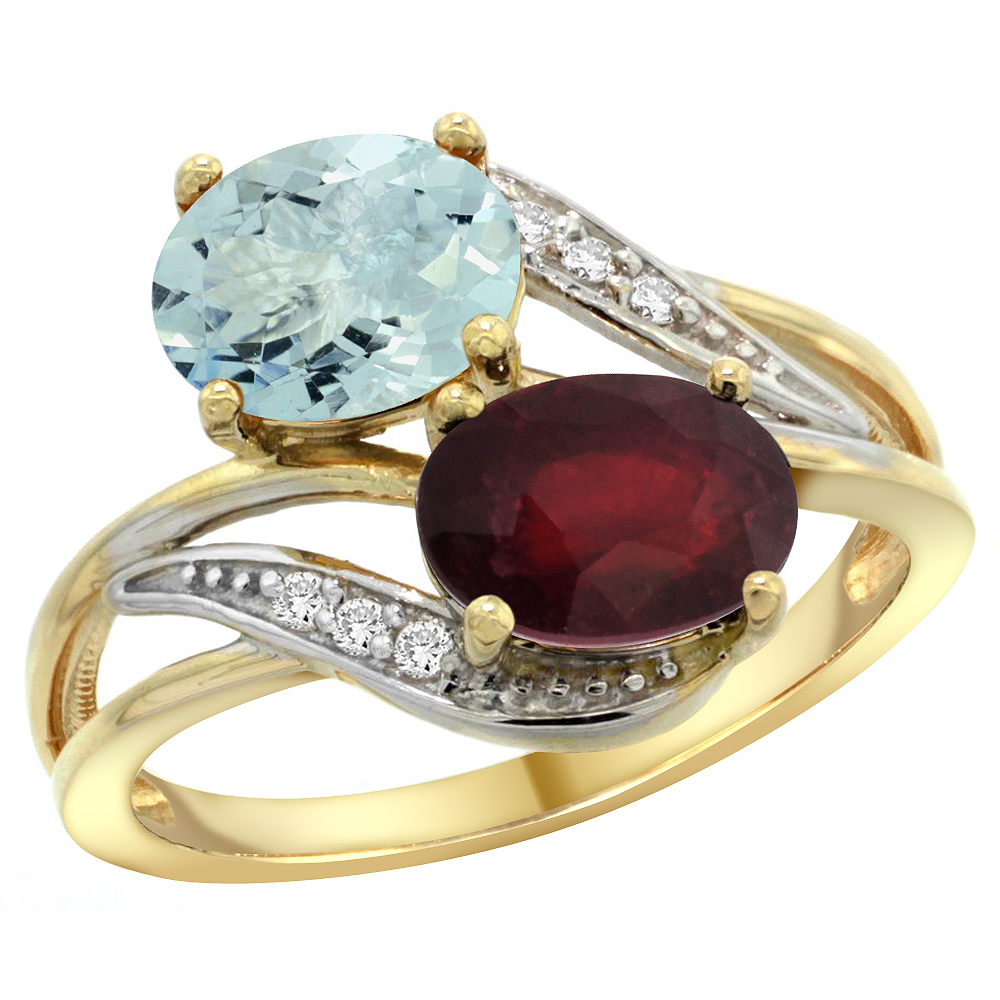 14K Yellow Gold Diamond Natural Aquamarine &amp; Enhanced Ruby 2-stone Ring Oval 8x6mm, sizes 5 - 10