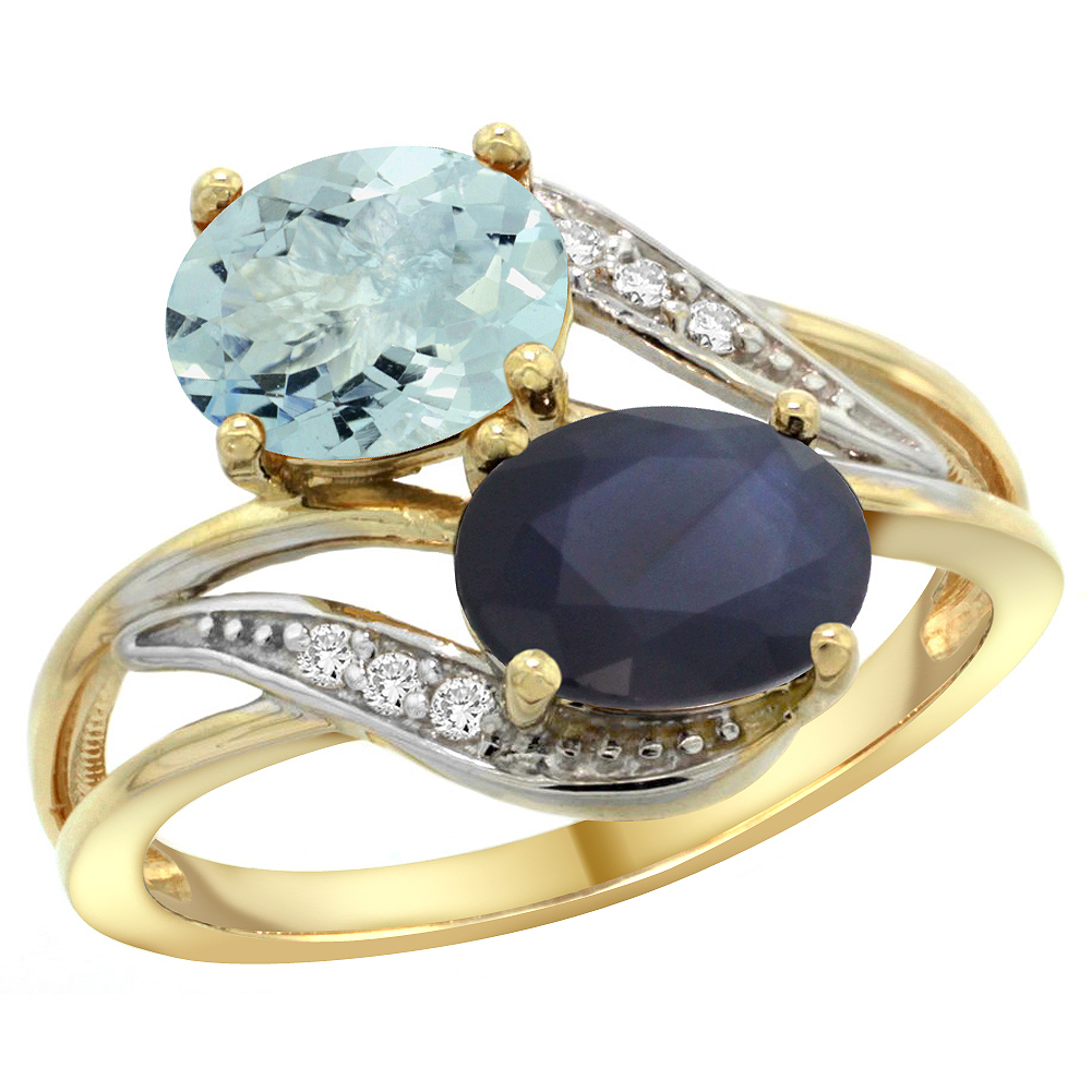 10K Yellow Gold Diamond Natural Aquamarine & Blue Sapphire 2-stone Ring Oval 8x6mm, sizes 5 - 10