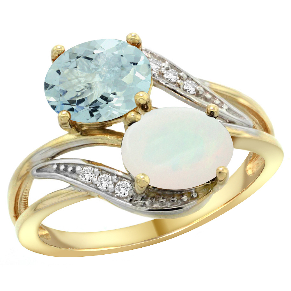 10K Yellow Gold Diamond Natural Aquamarine & Opal 2-stone Ring Oval 8x6mm, sizes 5 - 10