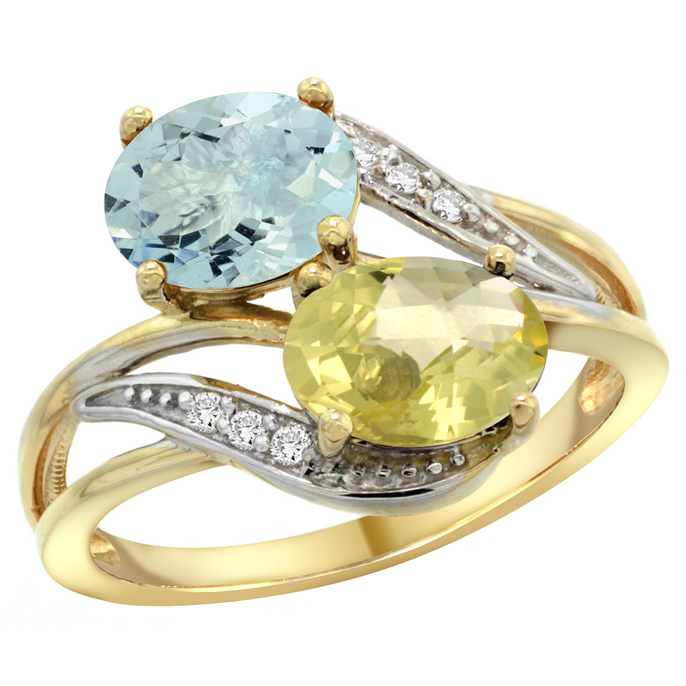 14K YELLOW GOLD DIAMOND NATURAL AQUAMARINE & LEMON QUARTZ 2-STONE RING OVAL 8X6MM, SIZES 5 - 10
