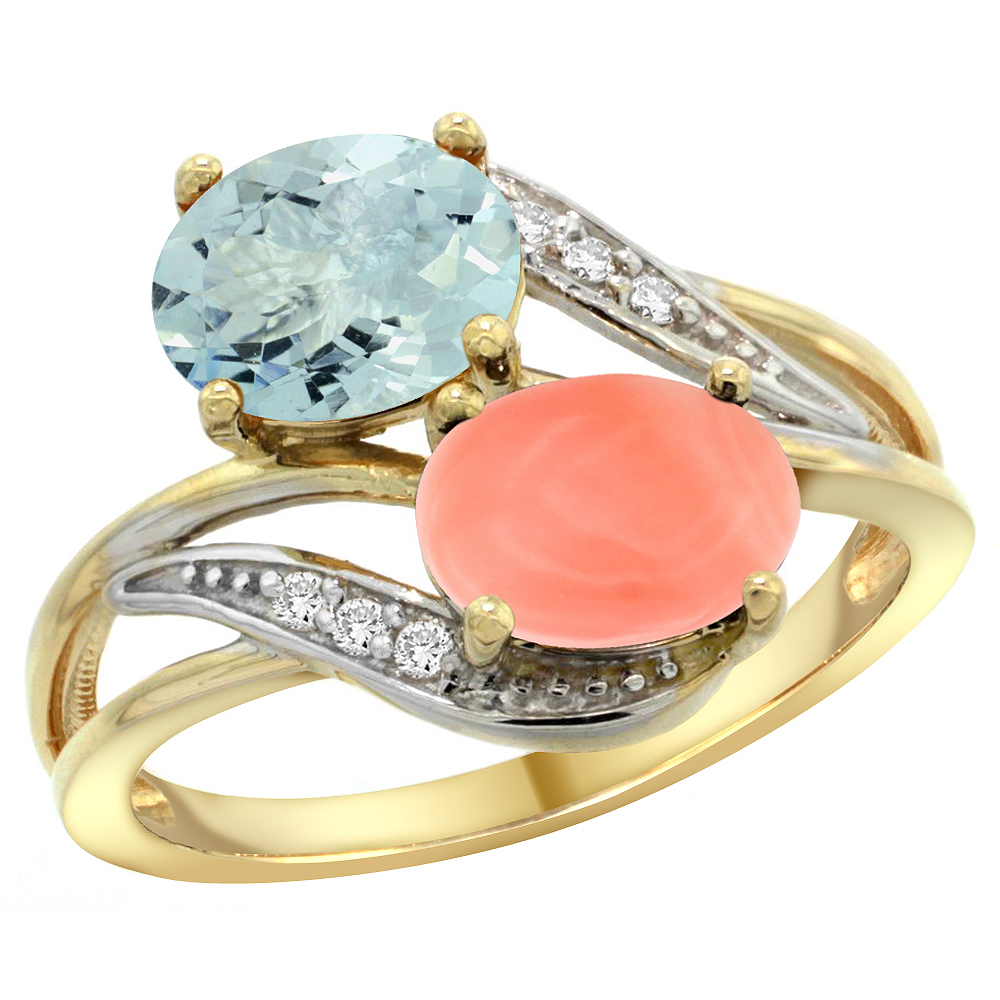 10K Yellow Gold Diamond Natural Aquamarine &amp; Coral 2-stone Ring Oval 8x6mm, sizes 5 - 10