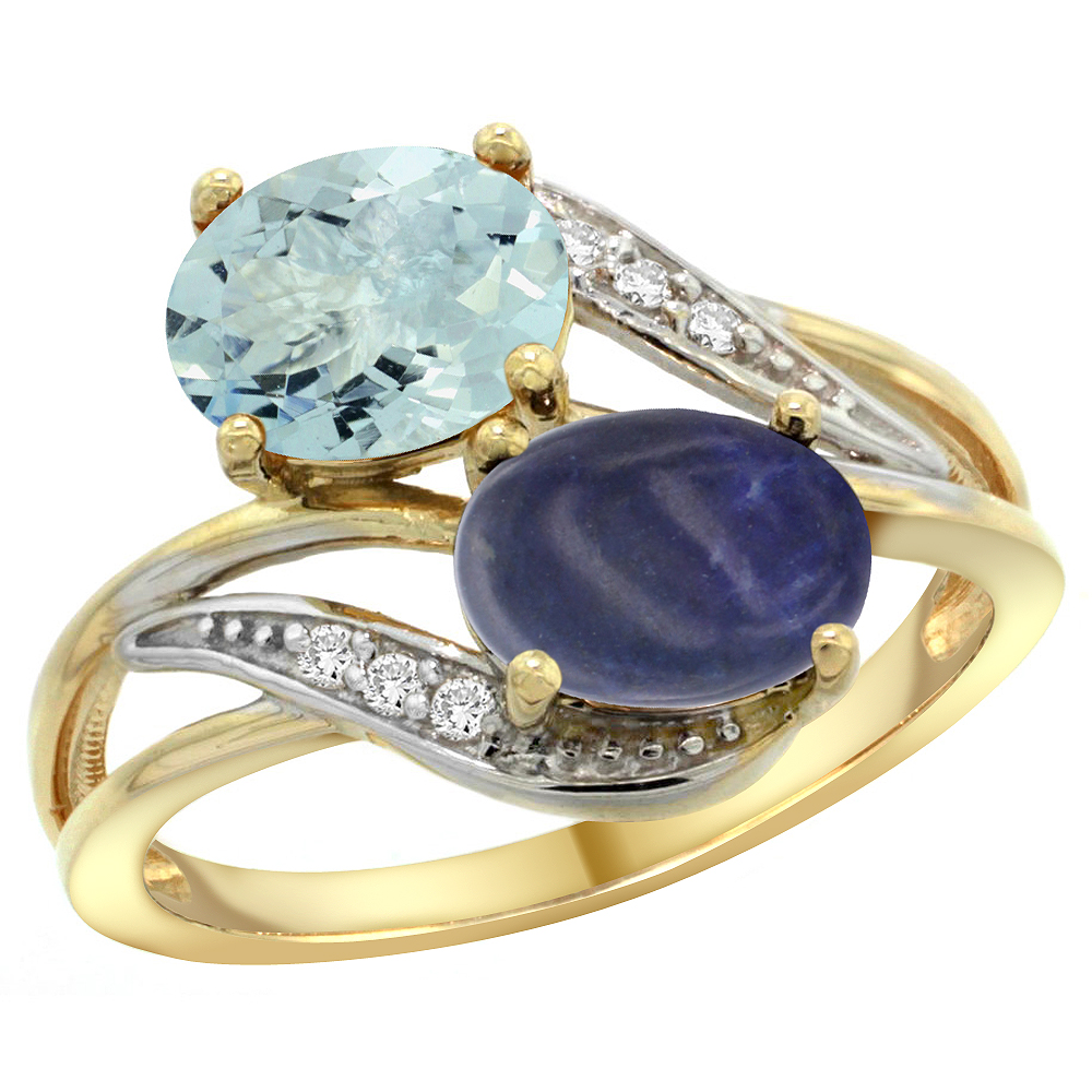 14K YELLOW GOLD DIAMOND NATURAL AQUAMARINE & LAPIS 2-STONE RING OVAL 8X6MM, SIZES 5 - 10