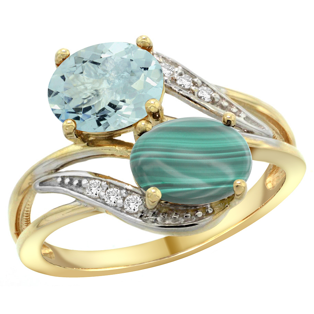 10K Yellow Gold Diamond Natural Aquamarine &amp; Malachite 2-stone Ring Oval 8x6mm, sizes 5 - 10