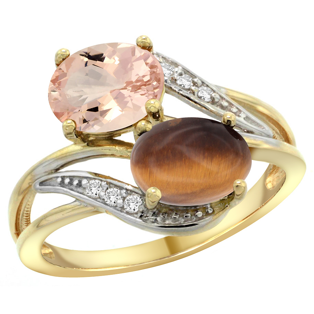 14K YELLOW GOLD DIAMOND NATURAL MORGANITE & TIGER EYE 2-STONE RING OVAL 8X6MM, SIZES 5 - 10