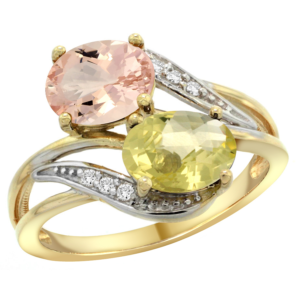 14K YELLOW GOLD DIAMOND NATURAL MORGANITE & LEMON QUARTZ 2-STONE RING OVAL 8X6MM, SIZES 5 - 10