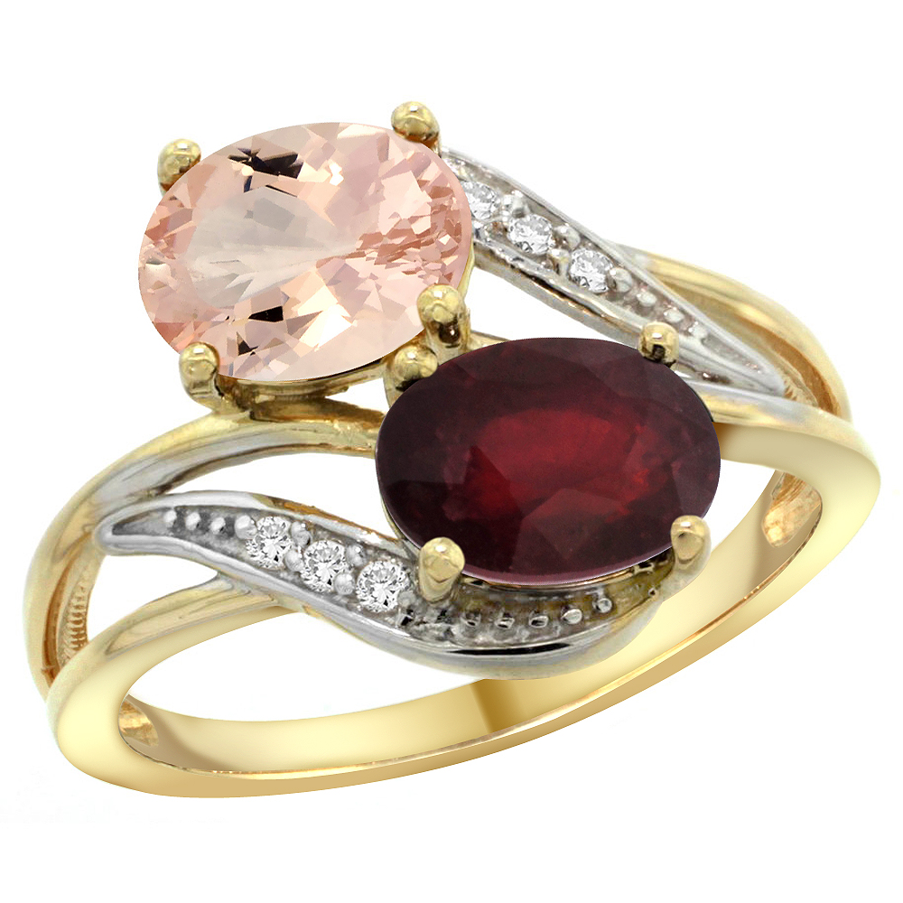 14K YELLOW GOLD DIAMOND NATURAL MORGANITE & QUALITY RUBY 2-STONE MOTHERS RING OVAL 8X6MM, SIZE 5 - 10