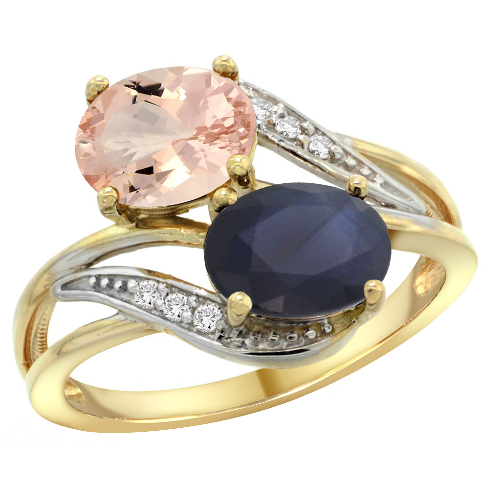 14K YELLOW GOLD DIAMOND NATURAL MORGANITE & QUALITY BLUE SAPPHIRE 2-STONE MOTHERS RING OVAL 8X6MM,SZ 5-10
