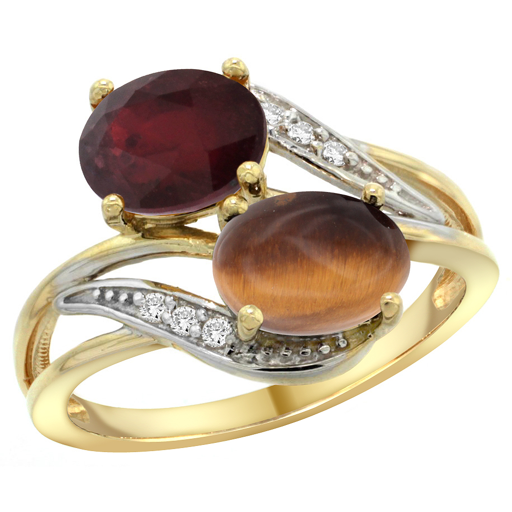 14K YELLOW GOLD DIAMOND ENHANCED RUBY & NATURAL TIGER EYE 2-STONE RING OVAL 8X6MM, SIZES 5 - 10