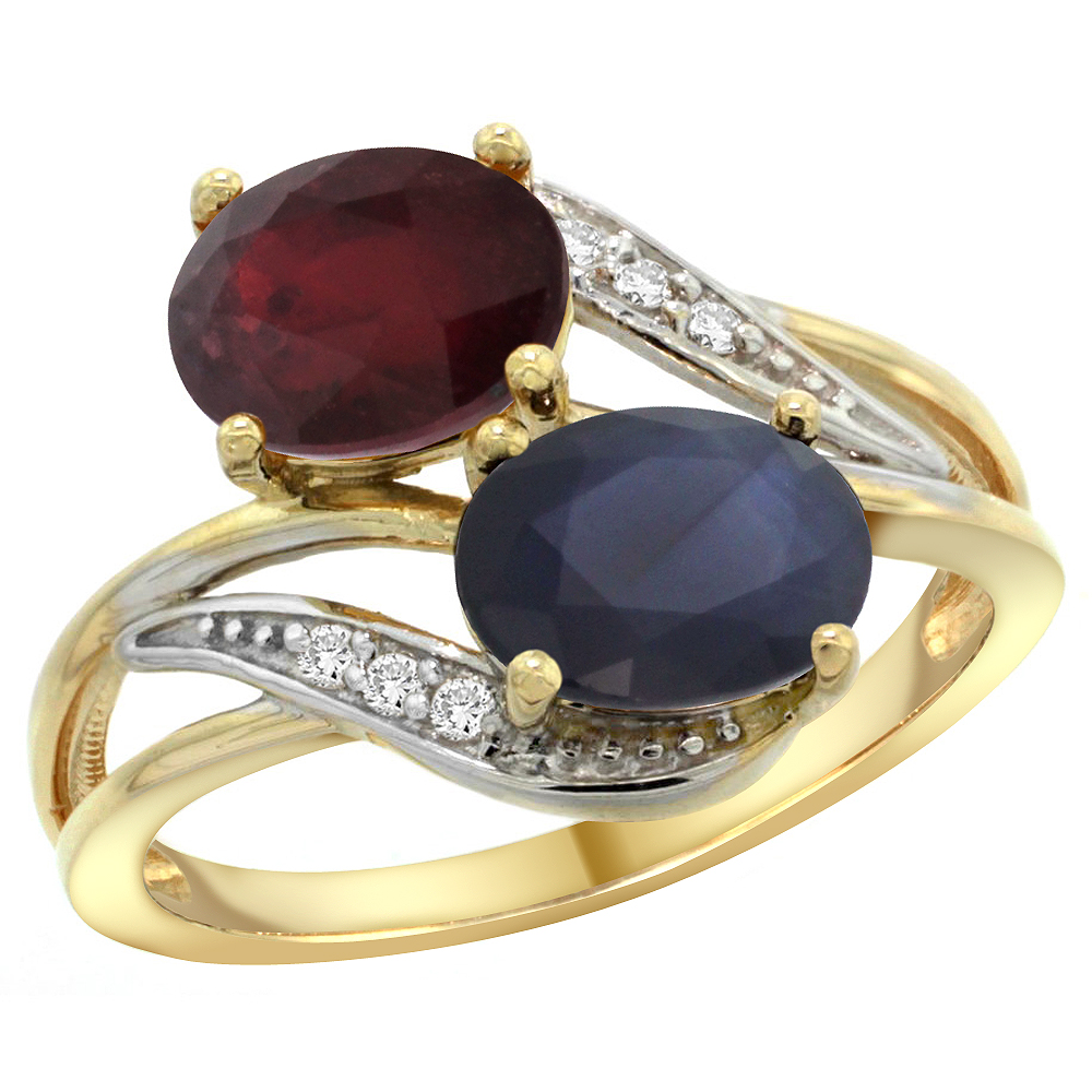14K YELLOW GOLD DIAMOND ENHANCED RUBY & NATURAL AUSTRALIAN SAPPHIRE 2-STONE RING OVAL 8X6MM, SIZES 5 - 10