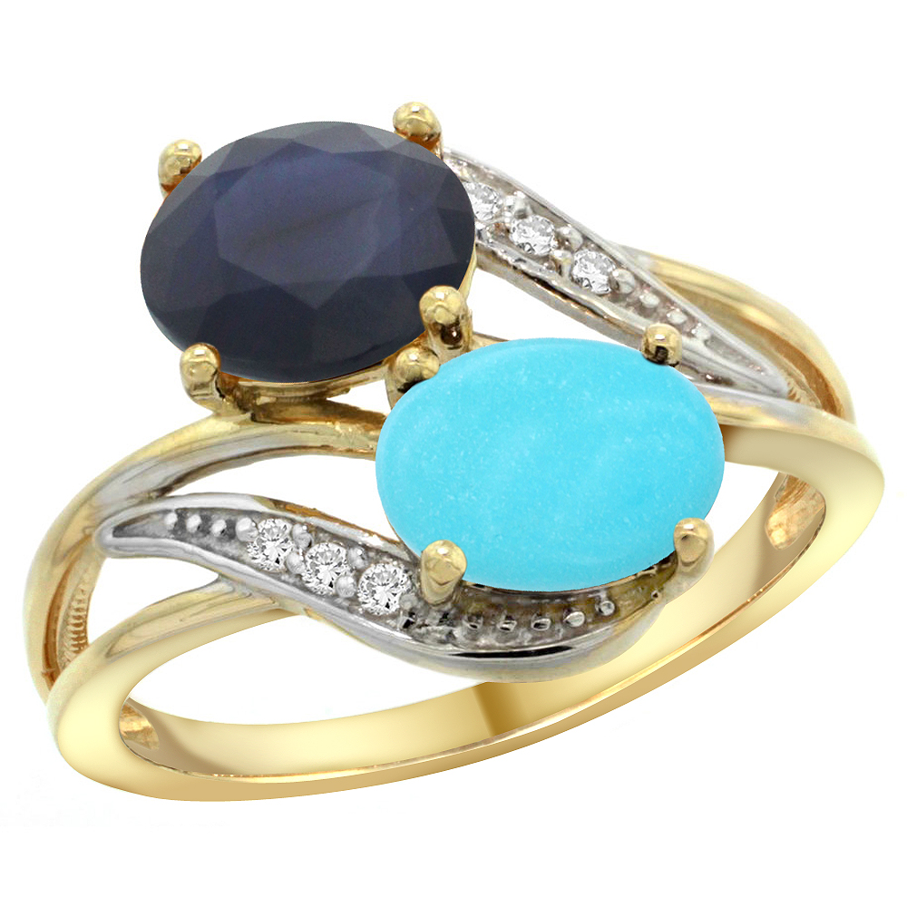14K YELLOW GOLD DIAMOND NATURAL BLUE SAPPHIRE & TURQUOISE 2-STONE RING OVAL 8X6MM, SIZES 5 - 10