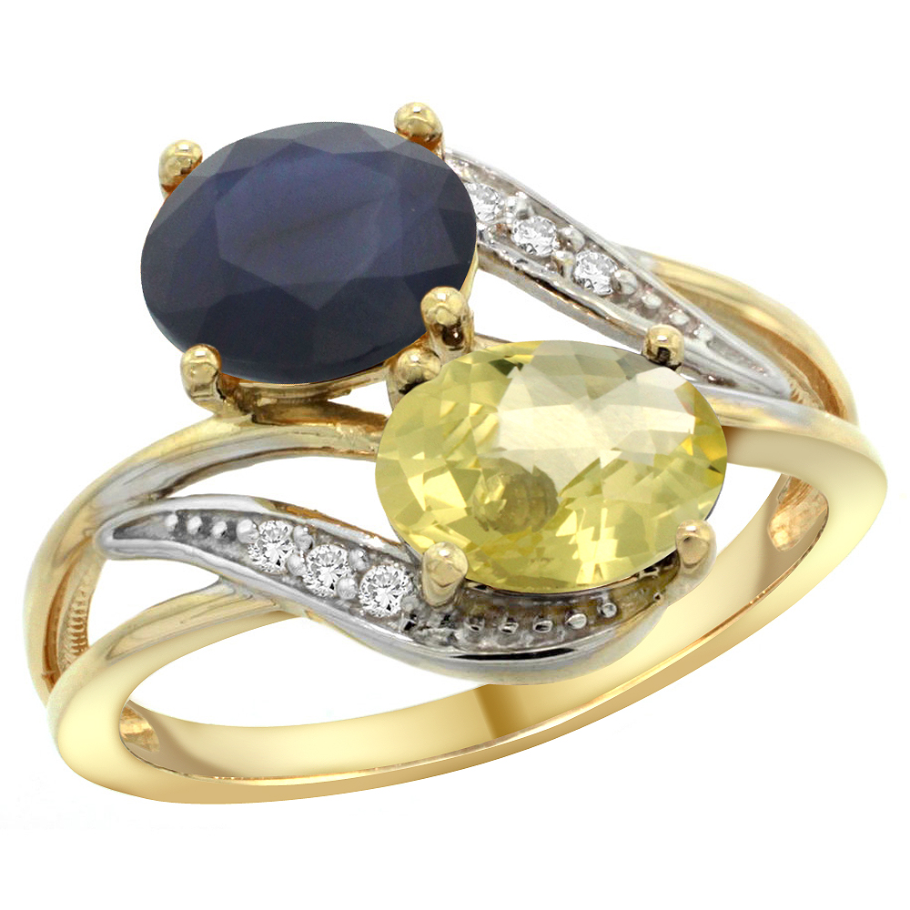 14K YELLOW GOLD DIAMOND NATURAL BLUE SAPPHIRE & LEMON QUARTZ 2-STONE RING OVAL 8X6MM, SIZES 5 - 10