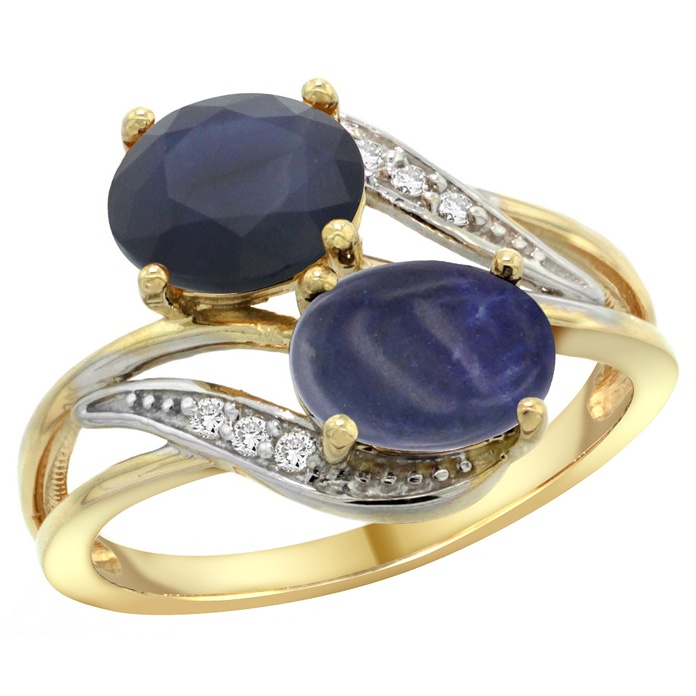 10K Yellow Gold Diamond Natural Blue Sapphire &amp; Lapis 2-stone Ring Oval 8x6mm, sizes 5 - 10