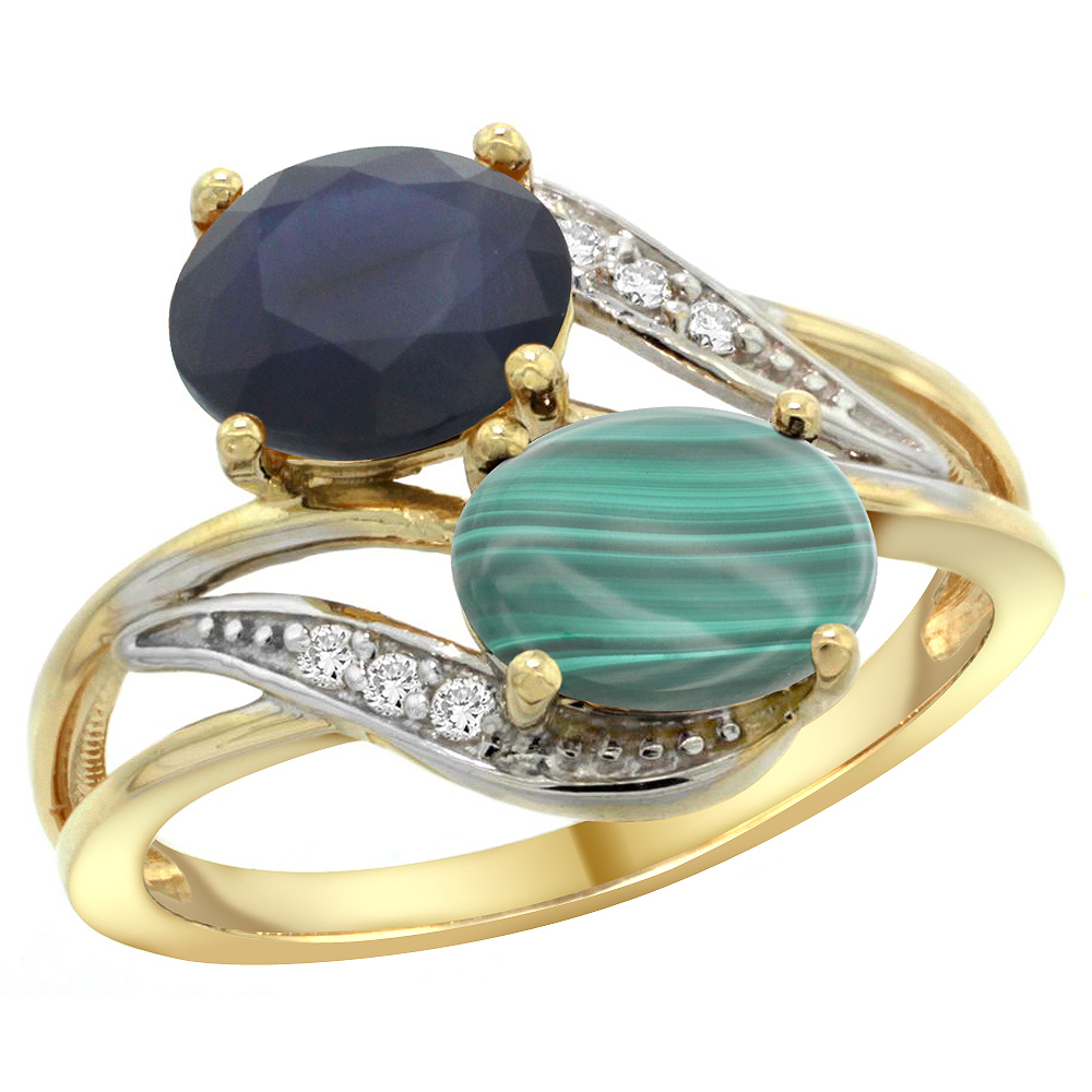 14K Yellow Gold Diamond Natural Australian Sapphire & Malachite 2-stone Ring Oval 8x6mm, sizes 5 - 10