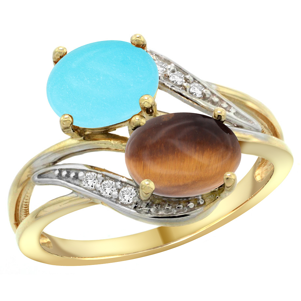 14K YELLOW GOLD DIAMOND NATURAL TURQUOISE & TIGER EYE 2-STONE RING OVAL 8X6MM, SIZES 5 - 10
