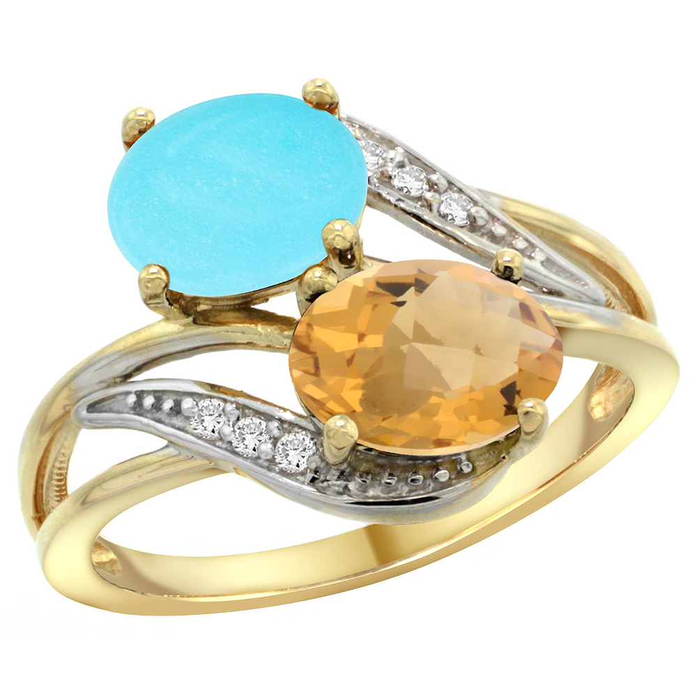 14K YELLOW GOLD DIAMOND NATURAL TURQUOISE & WHISKY QUARTZ 2-STONE RING OVAL 8X6MM, SIZES 5 - 10