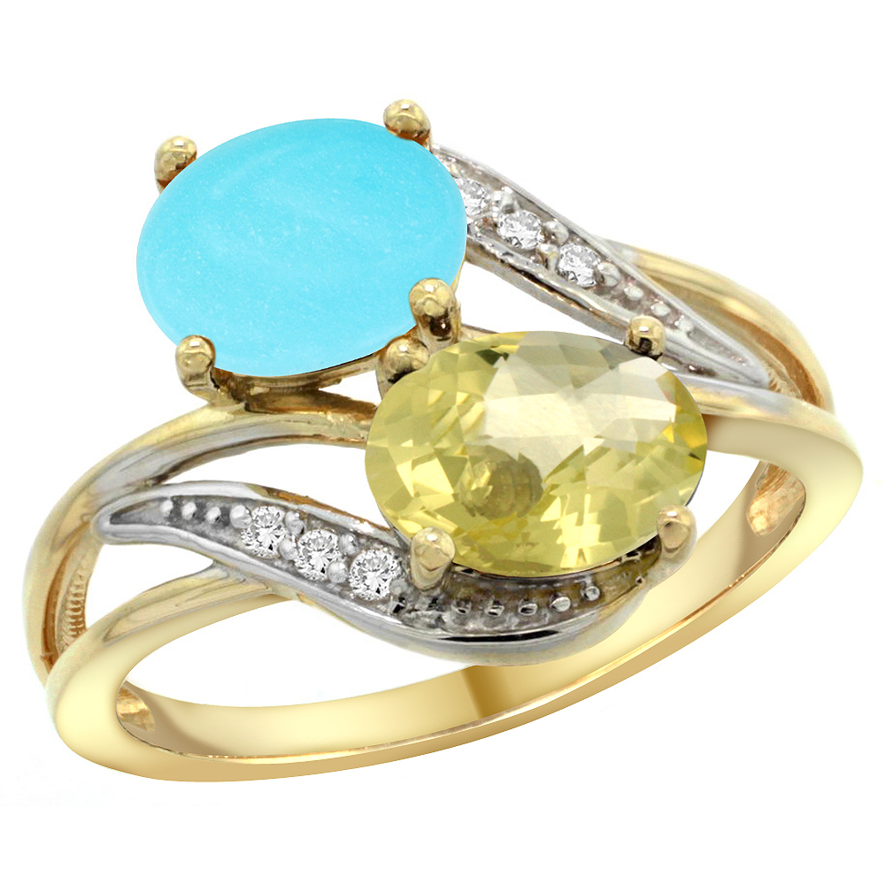 14K YELLOW GOLD DIAMOND NATURAL TURQUOISE & LEMON QUARTZ 2-STONE RING OVAL 8X6MM, SIZES 5 - 10