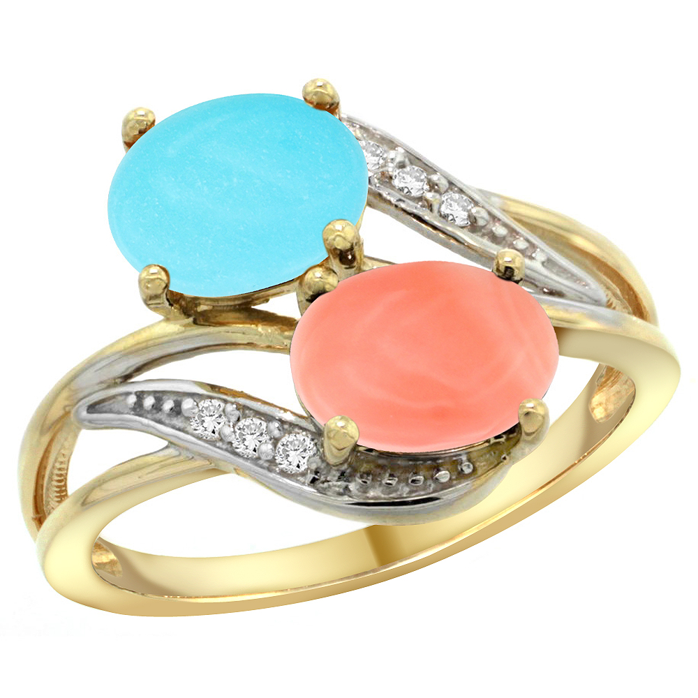 14K YELLOW GOLD DIAMOND NATURAL TURQUOISE & CORAL 2-STONE RING OVAL 8X6MM, SIZES 5 - 10