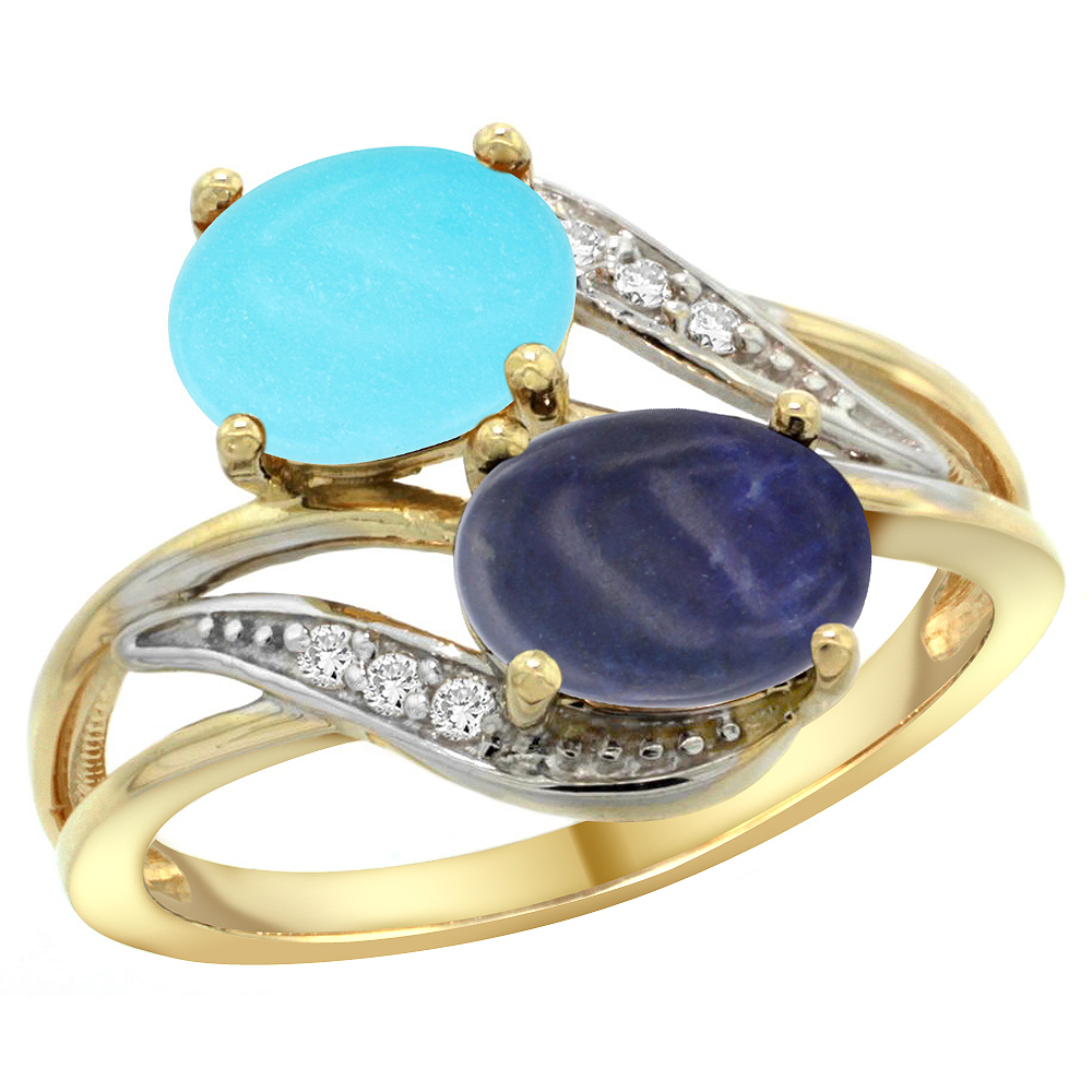 14K YELLOW GOLD DIAMOND NATURAL TURQUOISE & LAPIS 2-STONE RING OVAL 8X6MM, SIZES 5 - 10