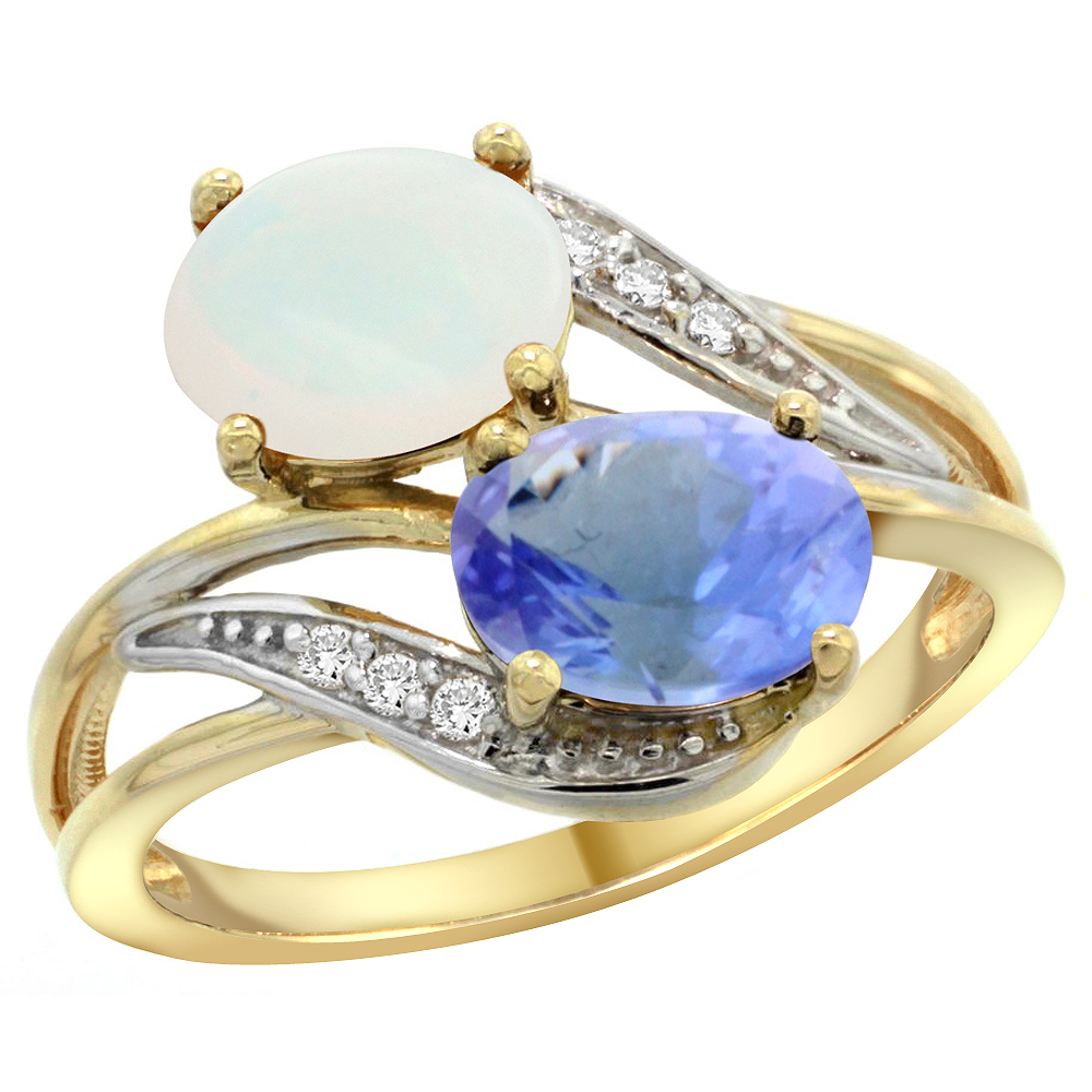 14K YELLOW GOLD DIAMOND NATURAL OPAL & TANZANITE 2-STONE RING OVAL 8X6MM, SIZES 5 - 10