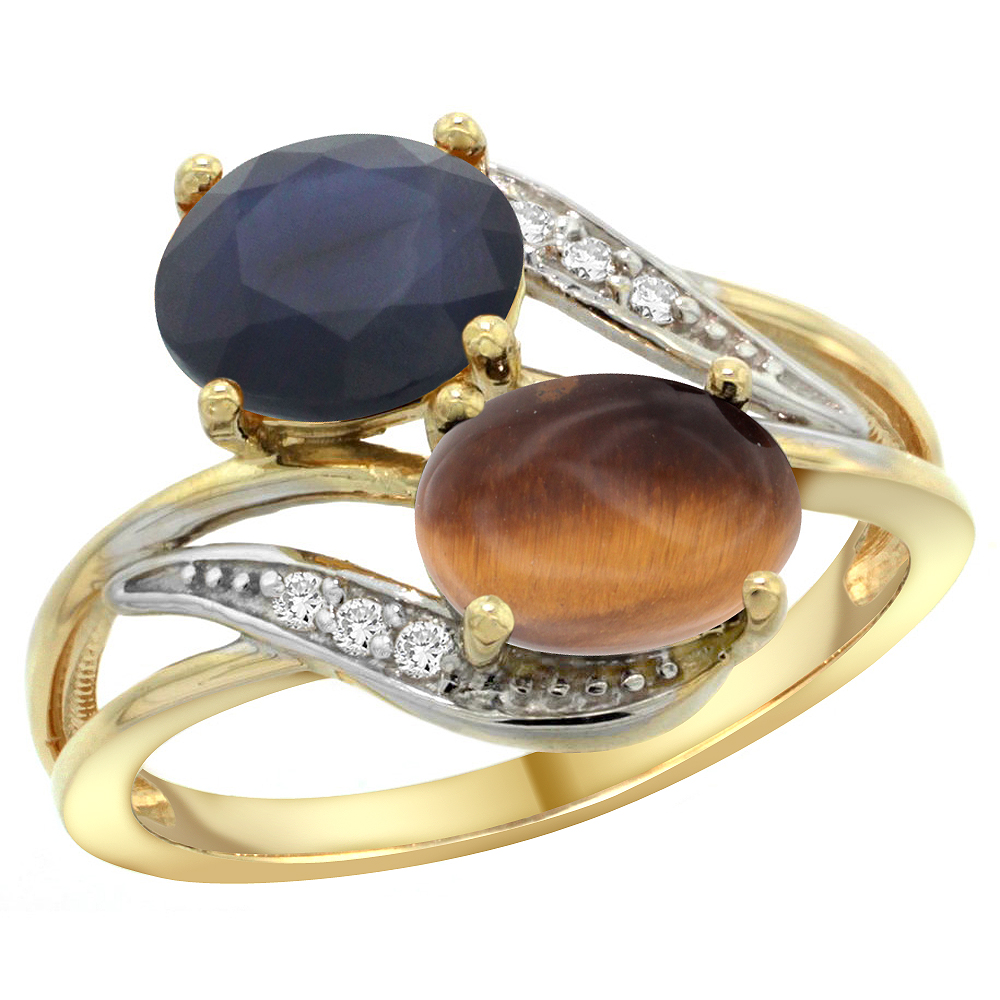 14K YELLOW GOLD DIAMOND NATURAL TIGER EYE & AUSTRALIAN SAPPHIRE 2-STONE RING OVAL 8X6MM, SIZES 5 - 10