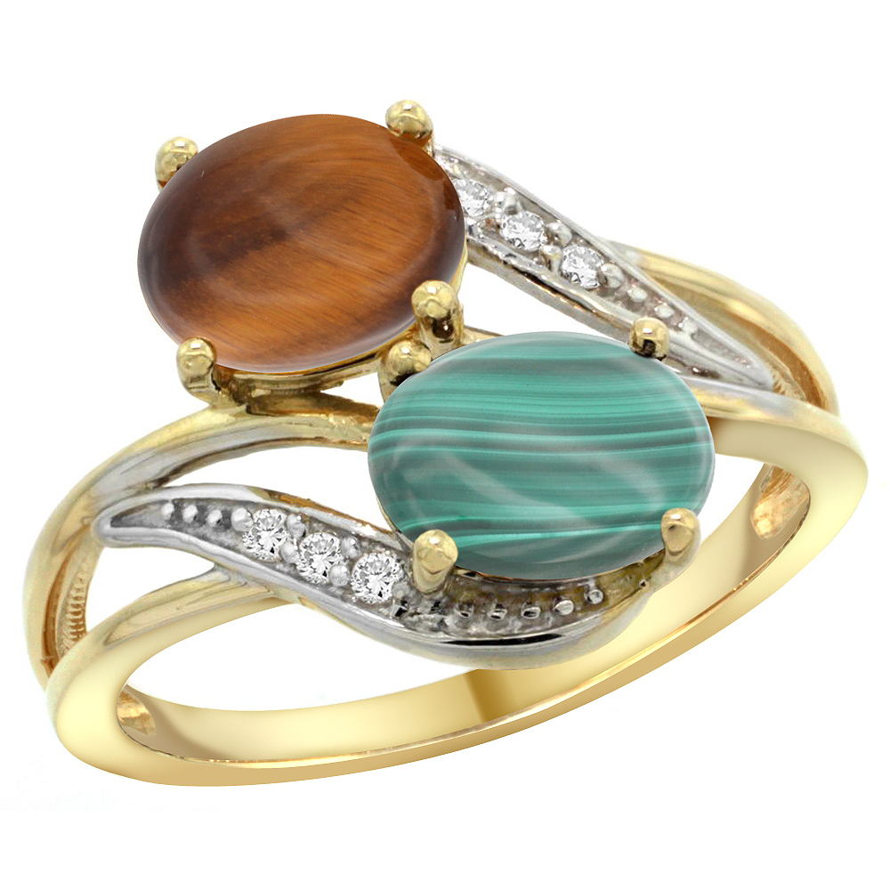 14K YELLOW GOLD DIAMOND NATURAL TIGER EYE & MALACHITE 2-STONE RING OVAL 8X6MM, SIZES 5 - 10