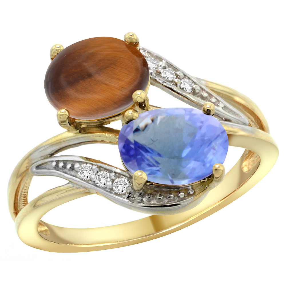 14K YELLOW GOLD DIAMOND NATURAL TIGER EYE & TANZANITE 2-STONE RING OVAL 8X6MM, SIZES 5 - 10
