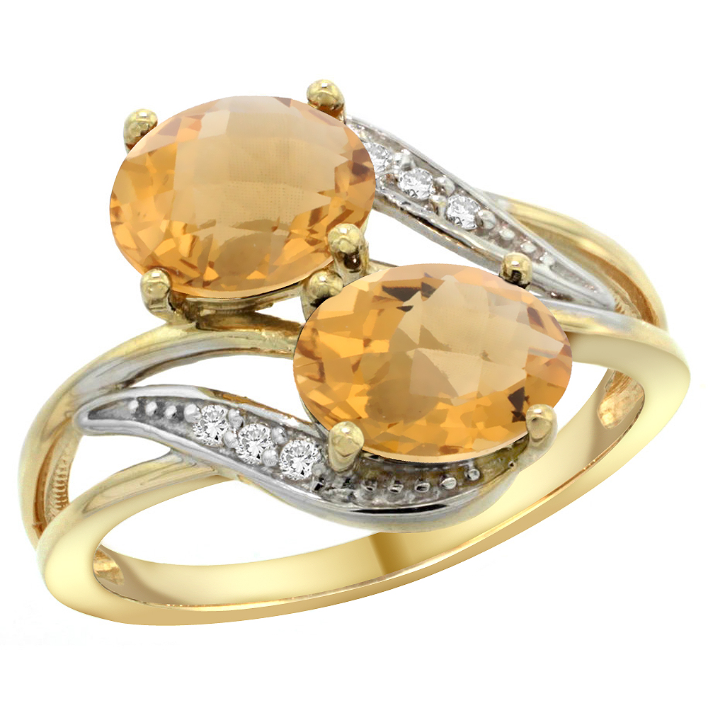 10K Yellow Gold Diamond Natural Whisky Quartz 2-stone Ring Oval 8x6mm, sizes 5 - 10