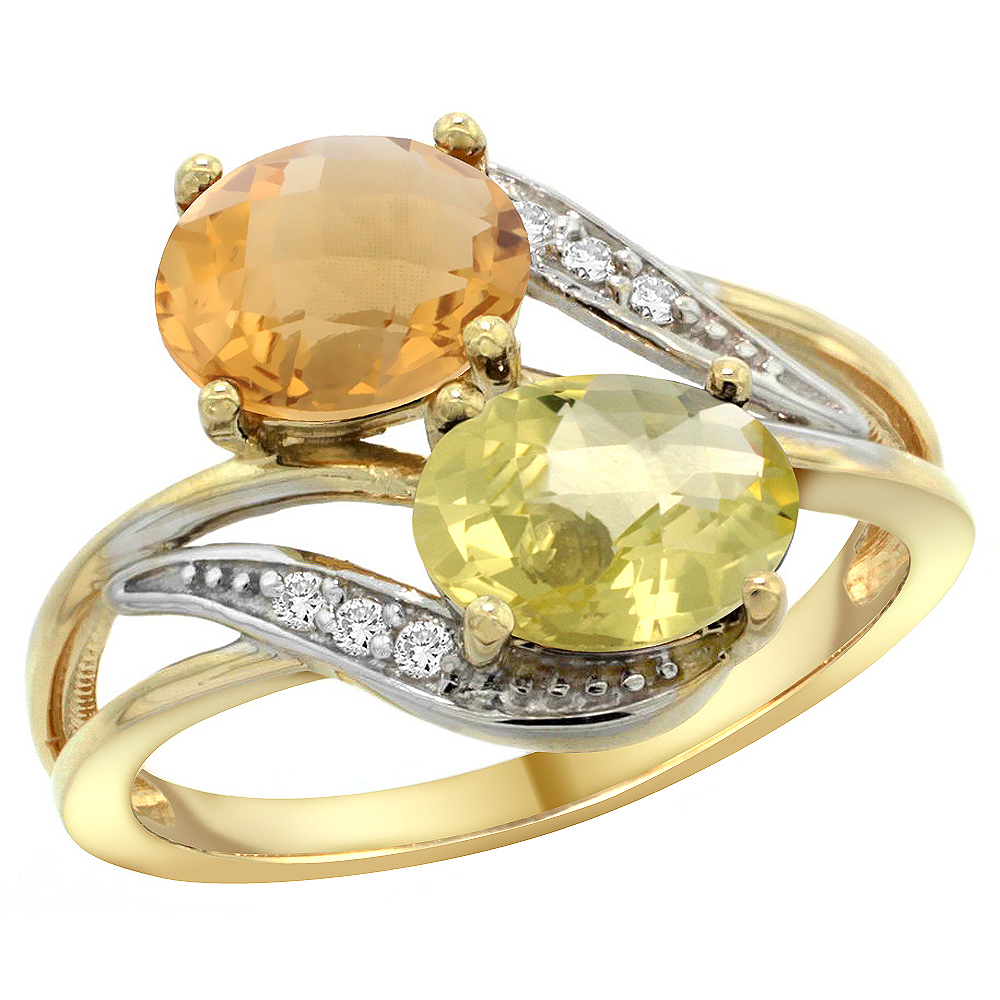 10K Yellow Gold Diamond Natural Whisky Quartz &amp; Lemon Quartz 2-stone Ring Oval 8x6mm, sizes 5 - 10