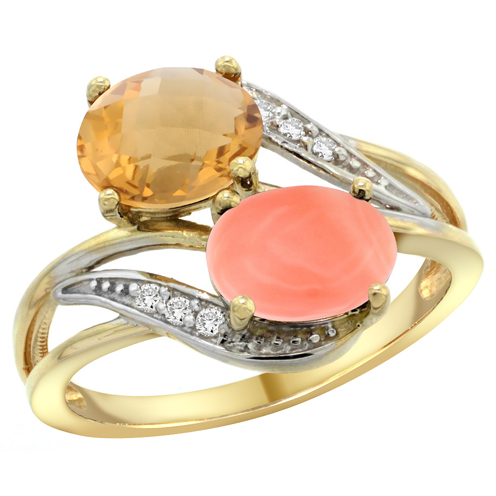 10K Yellow Gold Diamond Natural Whisky Quartz & Coral 2-stone Ring Oval 8x6mm, sizes 5 - 10